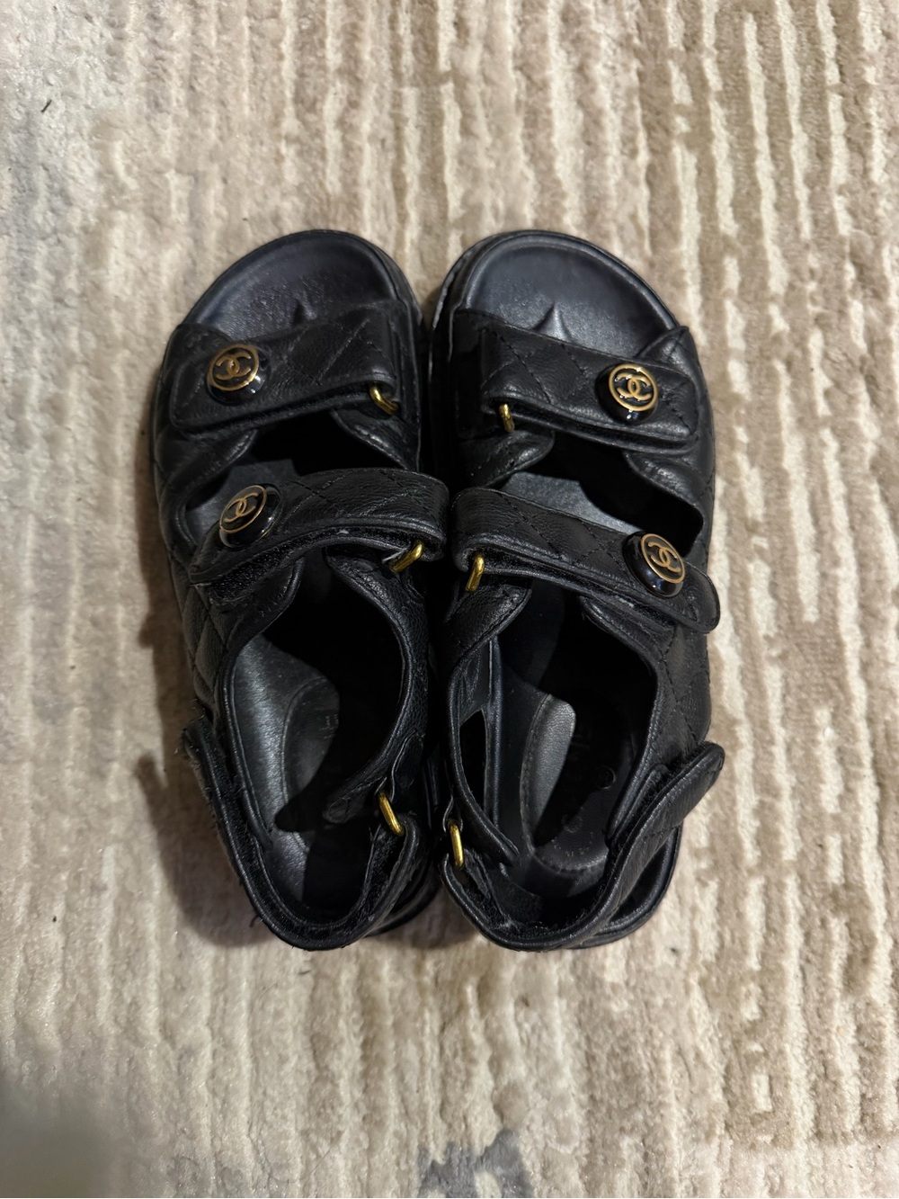 Chanel Black Quilted Leather Sandals with Gold CC Buttons